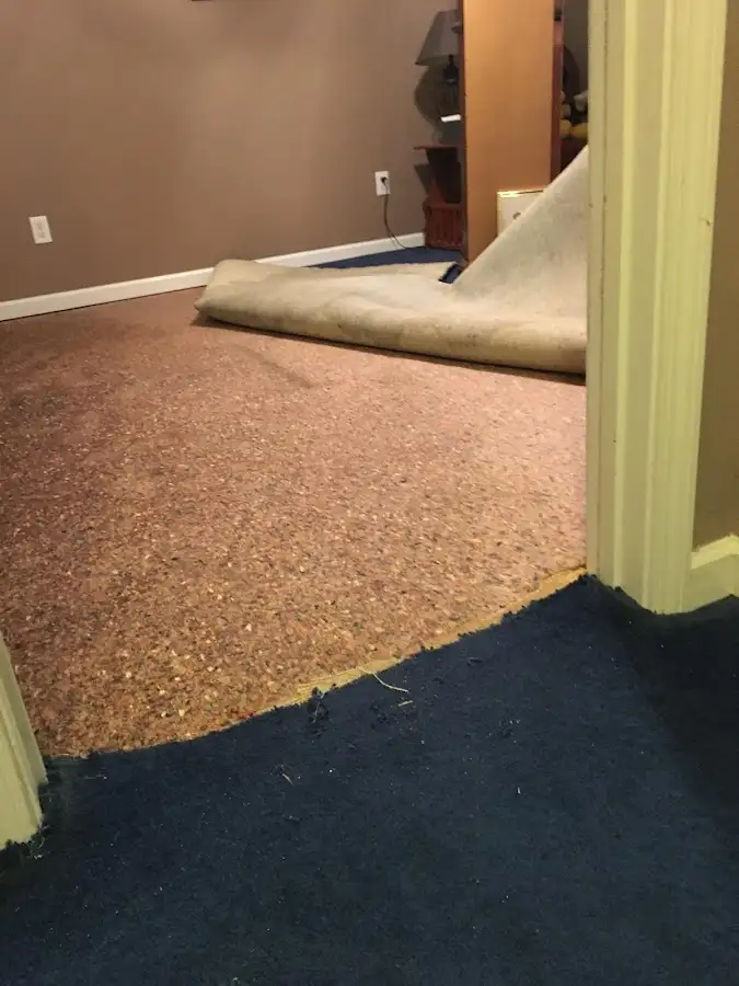 Carpet pad removal revealing water damage during Water Mitigation Services in White
